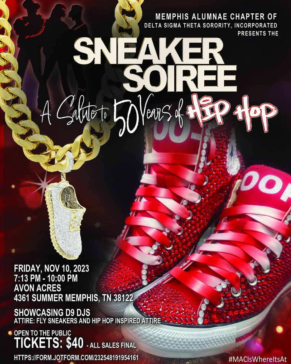 MemphisDST's tweet photo. It’s the Sneaker Soiree 2023 saluting 50 years of Hip Hop! Join the #MemphisDST as we celebrate this milestone. This event is open to the public & will be held at Avon Acres - 4351 Summer Ave - Fri, Nov 10th – 7:13pm – 10:00pm. Get your ticket at https://t.co/y4ZEIkfW6P.
. https://t.co/PXUr7W89yB