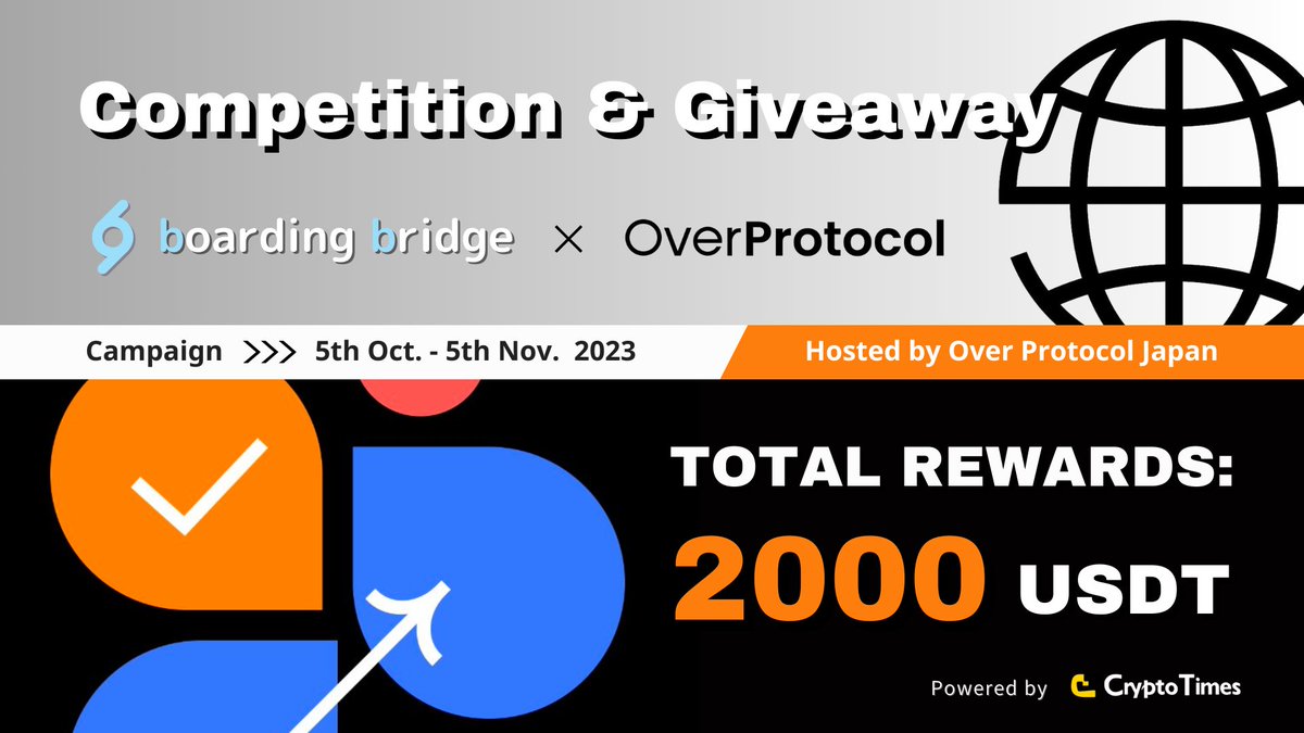 【総額$2000】bb × Over Japan🌐
ポイントを稼ぎながら賞金を獲得！

🎁Amazonギフト券5千円 × 10名
🎁30〜500 $USDT × 20名

✅Like,RT &amp; Follow↓
@overprotocol_JP
<a href="/bb_jpdao/">boarding bridge</a>

✅Overアプリ追加
▶️ mobile.over.network/en/mission/3?c…

✅詳細&amp;応募フォーム📅-11/5
▶️ ocean-dict.com/ja/campaign/ok…