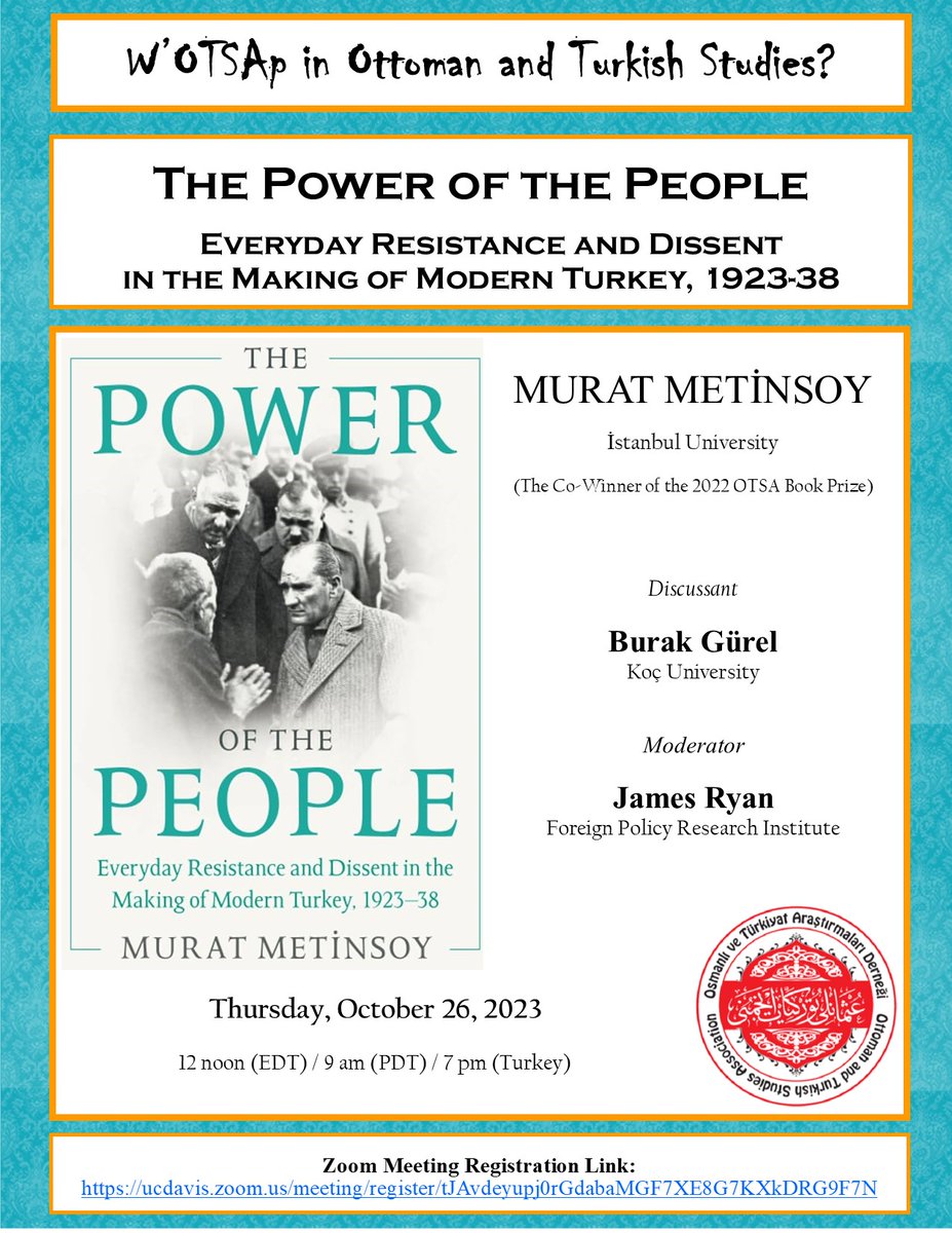 Join us on Thursday, October 26, to listen to the co-winner of the 2022 OTSA Book Prize, <a href="/Metinsoy/">Murat Metinsoy</a> (<a href="/istanbuledutr/">İÜ</a>), introduce his book.  <a href="/BurakGurel1980/">Burak Gürel</a> (<a href="/kocuniversity/">Koç Üniversitesi</a>) will be the discussant and <a href="/jdryan08/">James Ryan</a> (<a href="/FPRI/">Foreign Policy Research Institute</a>) will moderate the session. Registration: ucdavis.zoom.us/meeting/regist…