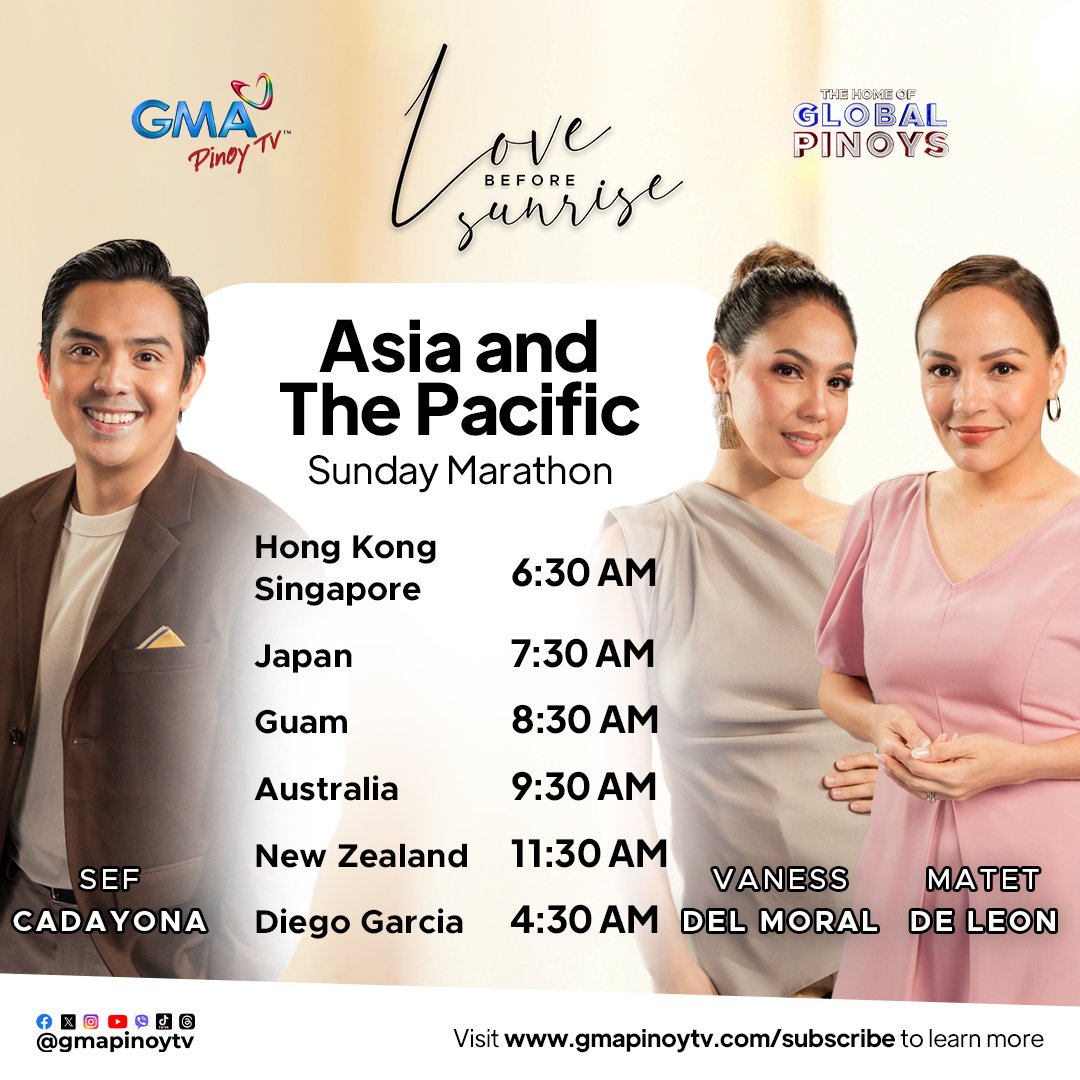 Heto naman ang schedule sa Asia and the Pacific.

Watch full episodes of "Love Before Sunrise" on GMA Pinoy TV! Visit gmapinoytv.com/subscribe for more details!