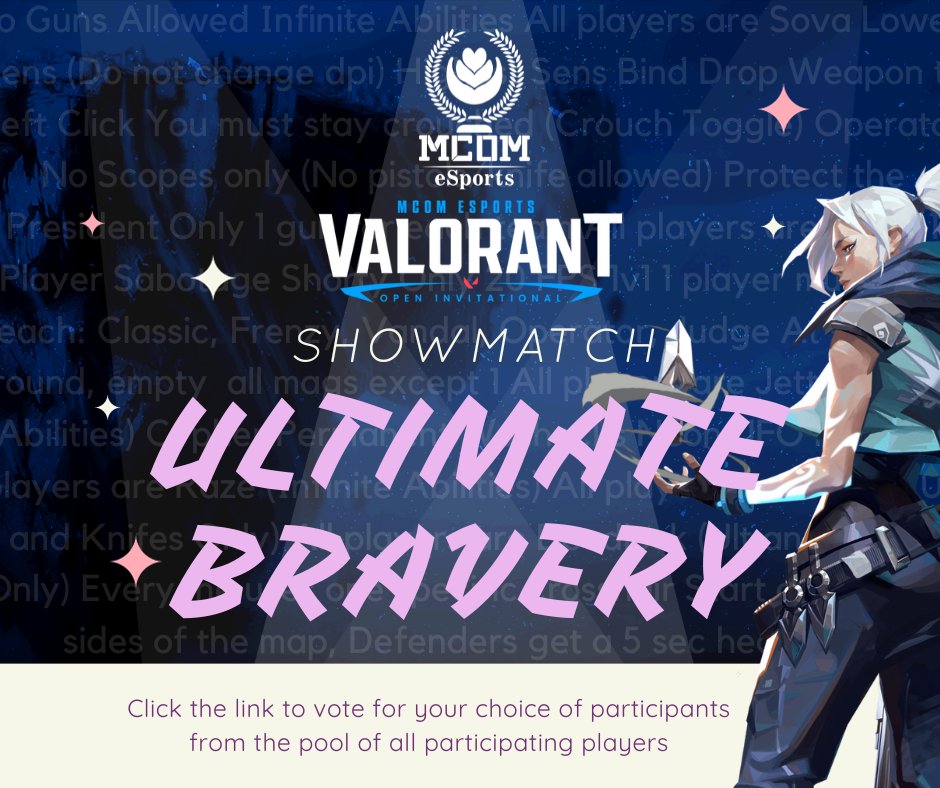 The matches are THIS SATURDAY
4PM AEDT

Vote for which of OCE's best you want to see put  through the grinder
forms.gle/eh9Dq9BhchFmxP…

Tune in SAT twitch.tv/mcomtv to vote on your favourite challenges LIVE!
#VALORANT #OCEvalorant #esports