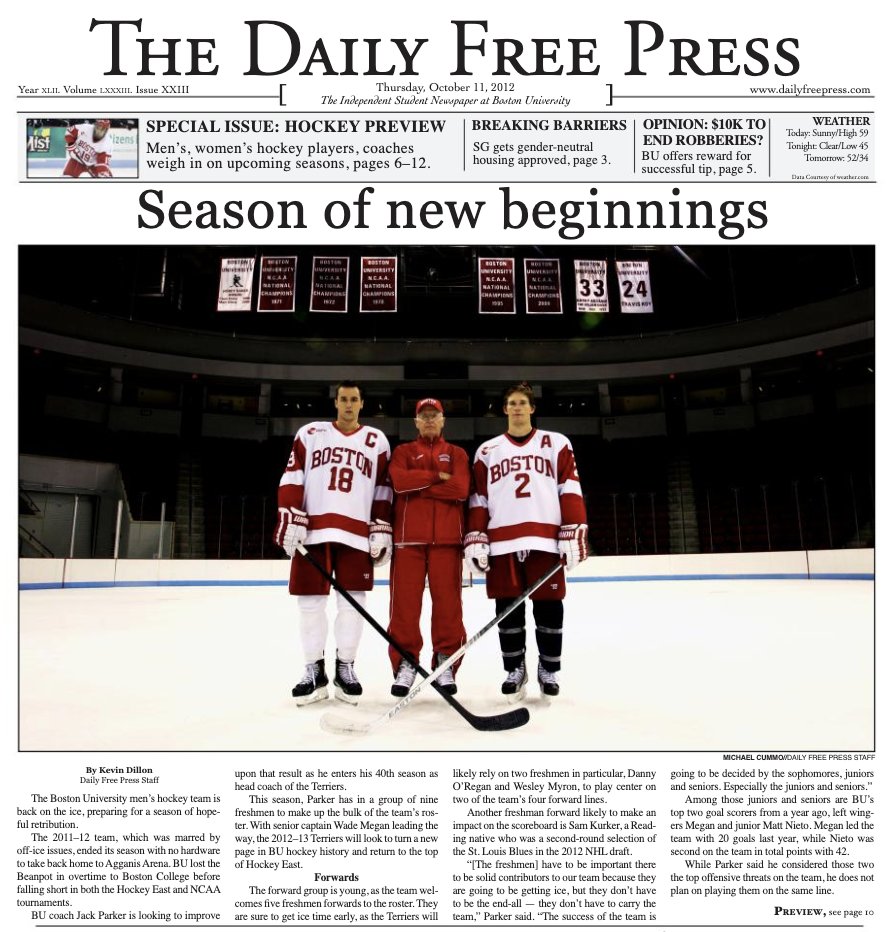 DFParchives's tweet image. BU Then &amp;amp; Now: Get excited, Terriers! Hockey season has just begun! 

Check out these clips from Oct. 2012 and this year's Orientation issue.