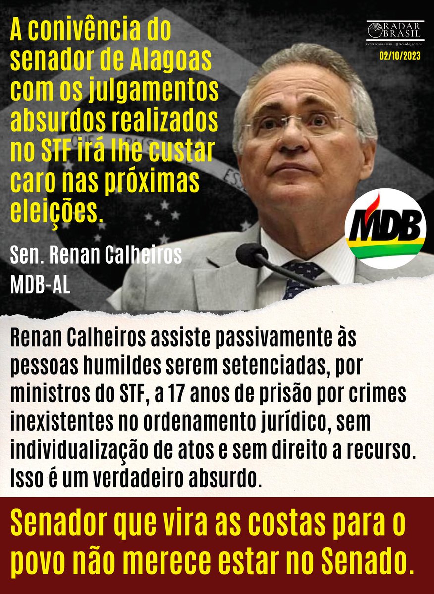 Cidadãos estão sendo condenados a 17 anos de prisão sem individualização de conduta, sem provas suficientes, por crimes inexistentes no ordenamento jurídico nacional, etc. Os congressistas precisam agir e dar um basta a essa vergonha. @renancalheiros @RodrigoCunhaAL @mdbnosenado