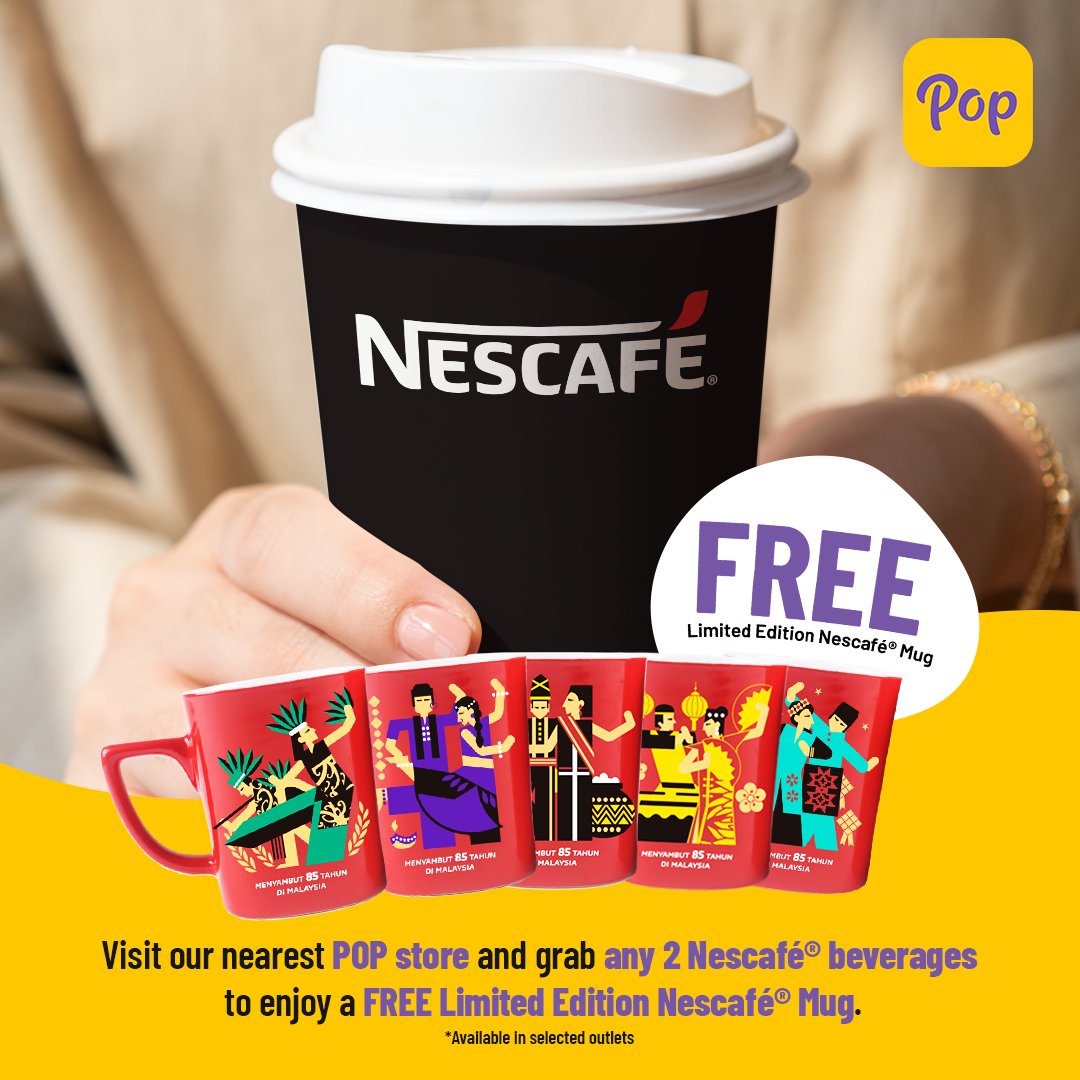 popmeals_my's tweet photo. What better way to accompany your Pop Meals than with Nescafe? 😎
Purchase any 2 Nescafé beverages and get 1 FREE mug!
*Available only in selected outlets. Limited mugs up for grabs!
#Nescafe #PopMeals https://t.co/uCPkycU4Gd
