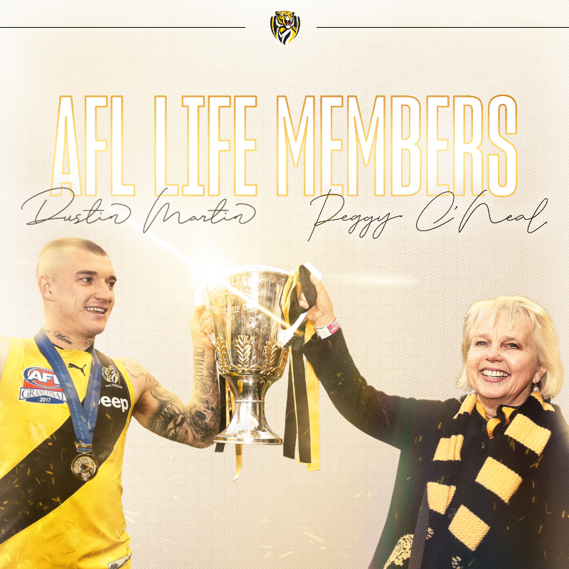 Richmond_FC's tweet photo. Dustin Martin and Peggy O'Neal will be inducted as AFL Life Members in March 👏💛