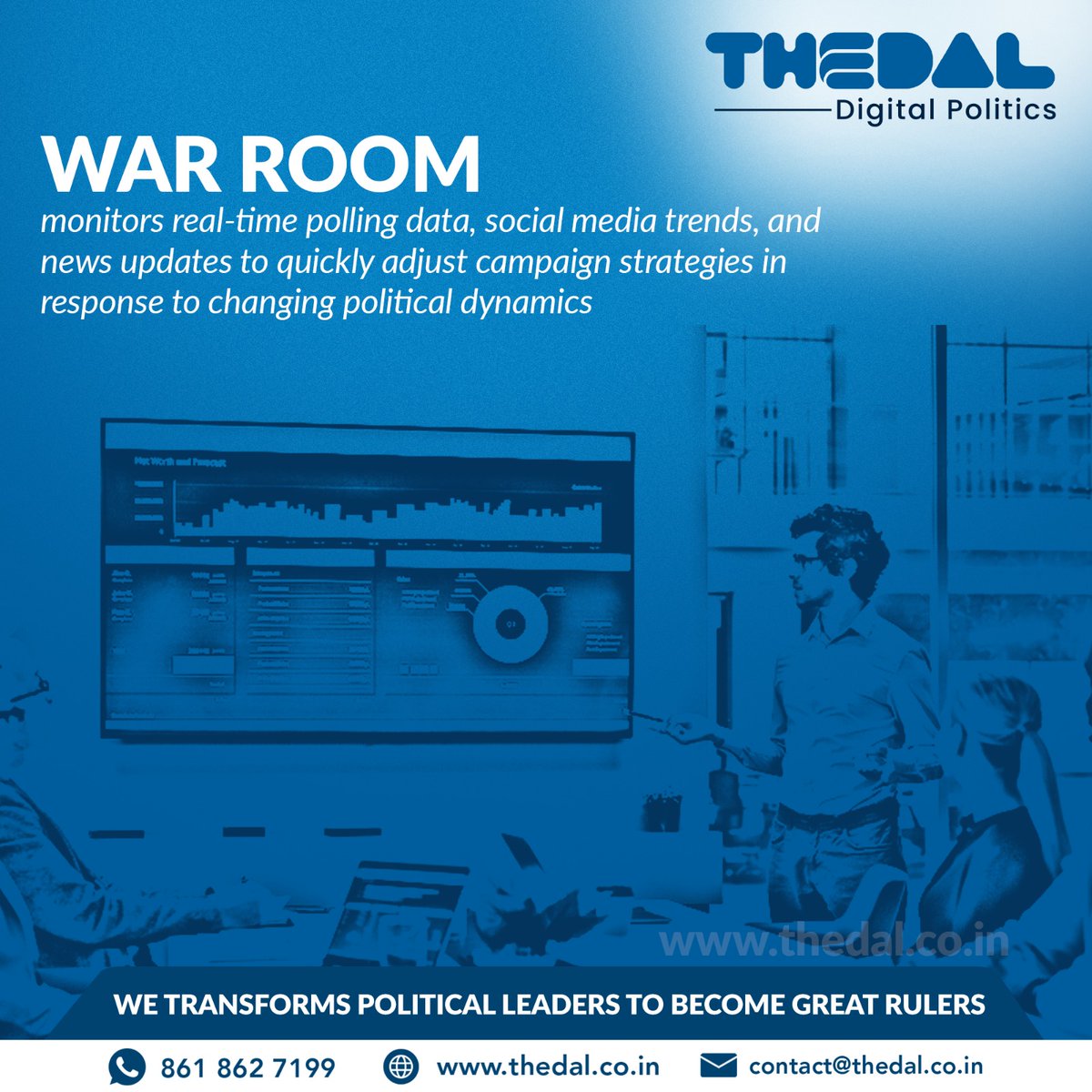 The War Room: Where vision meets action. Leverage this dynamic hub of intelligence, communication, and strategy to steer your political campaign towards victory. 
#DigitalPolitics | #Thedal | #TeamApp | #VoiceApp | #Blupage | #Addons | #Services | #Success |
#PoliticalWarRoom |