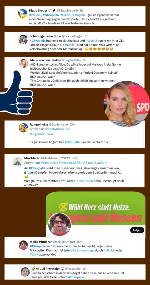 Liebe <a href="/NancyFaeser/">Nancy Faeser</a>, diese Menschen haben sich heute Nacht im Kampf gegen Hass und Hetze auf #X verdient gemacht. 👇 #Chrupalla 
#Priebshow #Ironie