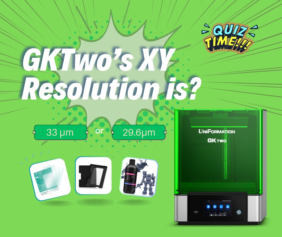 3dUniformation's tweet photo. 📣 3D Printing Giveaway 🎉 Quiz2
XY resolution is one of the factors in #resinprinting quality. 
Do you know the XY resolution of the #GKTwo?
.
🎟 ENTER: Follow+Comment+RT
🎁 Gifts: #Printingresin*3 kg; nFEP Film*3; Resin Vat*3;
📆 Ends on Oct. 9th.

#8kprinter #12kprinter https://t.co/HzZa5t2JLT