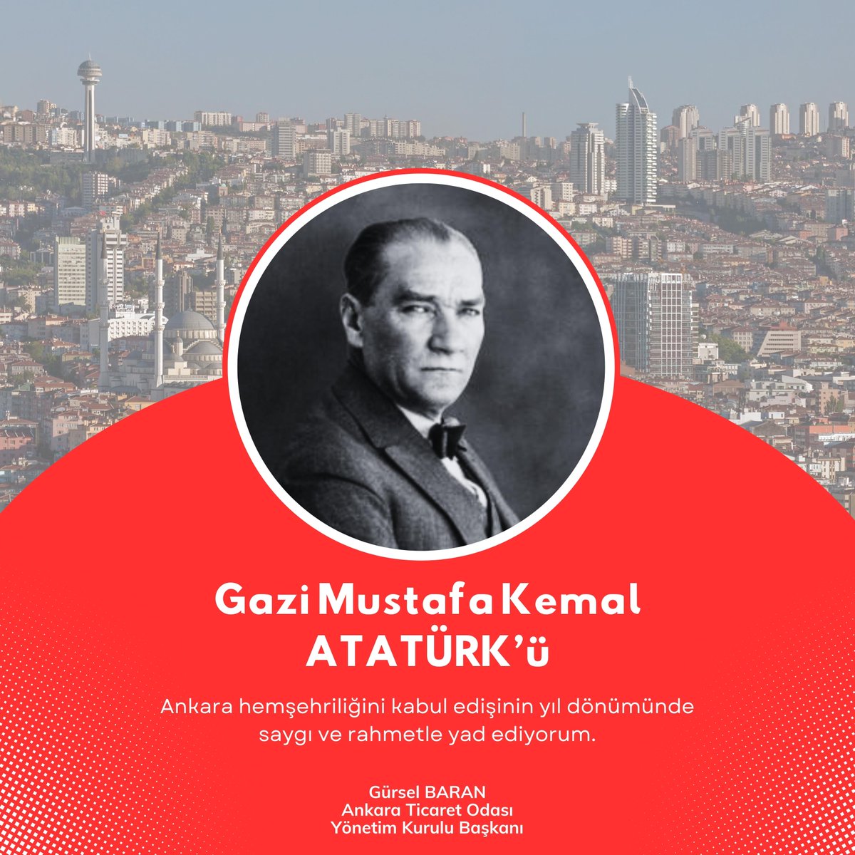 “Ankara'nın ve Ankaralıların benim gönlümde bambaşka bir yeri vardır' Ankara'yı ülkemizin kalbi olarak seçen Cumhuriyetimizin Kurucusu Gazi Mustafa Kemal Atatürk'ün, #Ankara Hemşehrilik Kabulü’nün 101. yılı kutlu olsun.