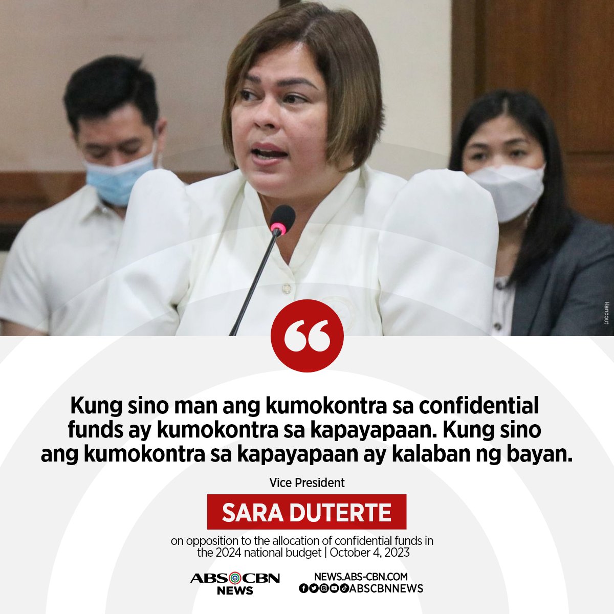 ABSCBNNews's tweet photo. May buwelta si Vice President Sara Duterte sa mga kumokontra sa confidential funds ng kaniyang mga opisina.

Matatandaang balak nang ilipat ang naturang pondo sa mga ahensiyang nagbabantay sa West Philippine Sea.

PANOORIN: https://t.co/VQFgkAEtwh https://t.co/d3kAJGaqfB