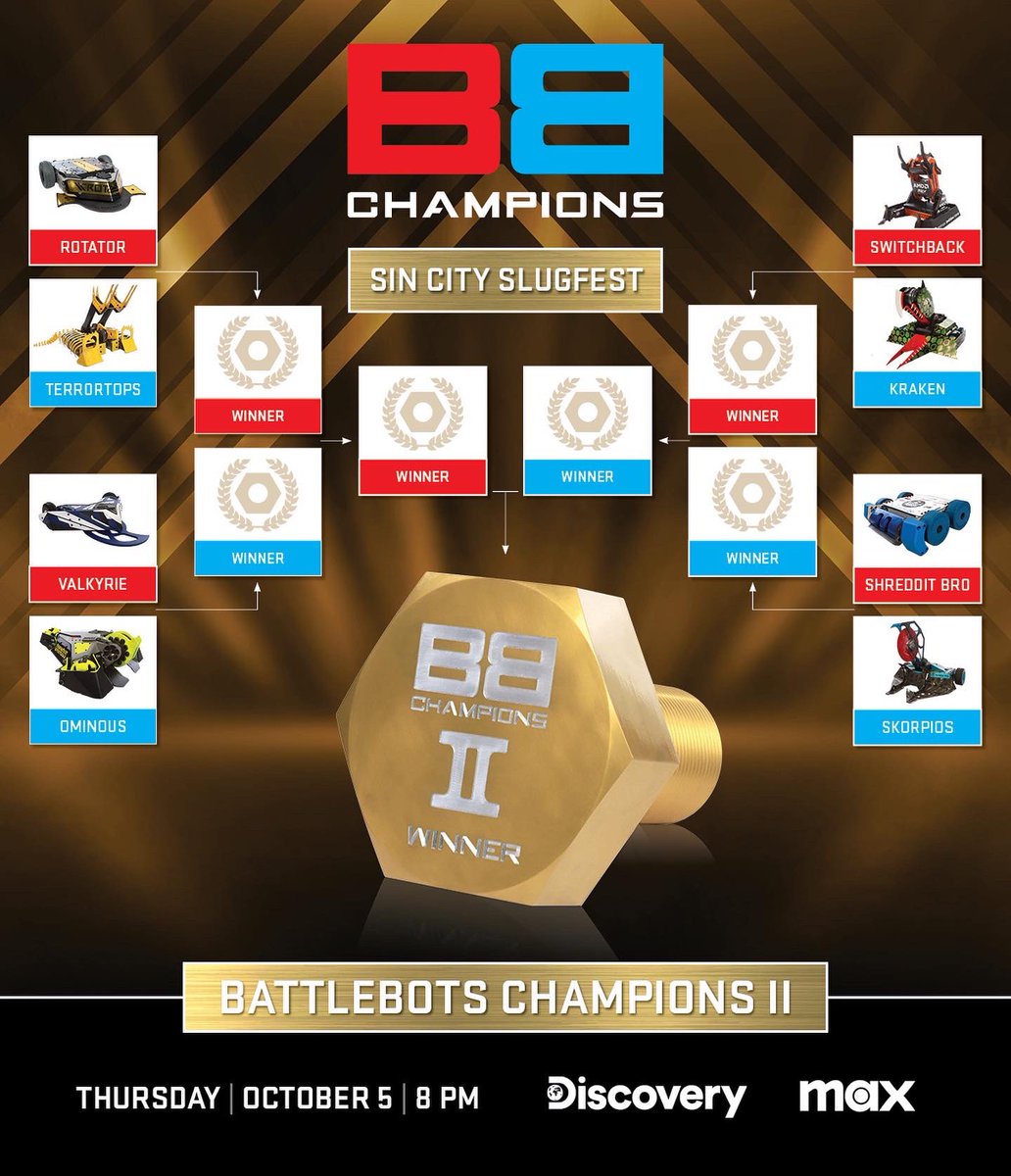 thebotwhisperer's tweet photo. LET THE SLUGFESTS BEGIN!
The journey to the Golden Bolt starts right now with the first Sin City Slugfest.
Oct 5th - 8pm Discovery
#BattleBots #LetTheBotBattleBegin #ItsRobotFightingTime https://t.co/AYmxqVmoNU