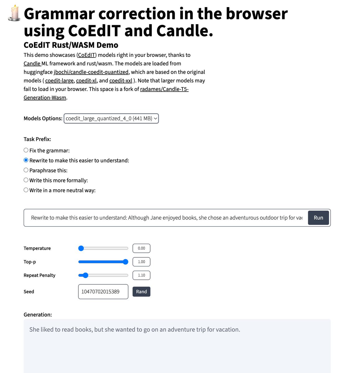 radamar's tweet photo. Thanks to @jbochi, the @Grammarly CoEdIT models have been quantized and can now run on the web with Candle and Wasm https://t.co/OiyPWJeDwX