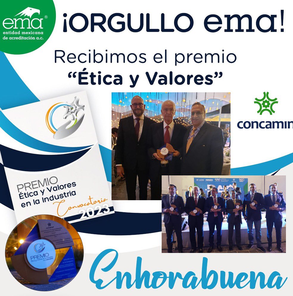 ema_ac's tweet photo. En @ema_ac estamos muy orgullosos de haber sido reconocidos con el Premio Ética y Valores de @CONCAMIN con mención de "EVI Trayectoria" en el marco de la #RAI2023. Este galardón se otorga a instituciones que promueven la adopción de prácticas de Responsabilidad Social Corporativa https://t.co/mMfY94Z0W7