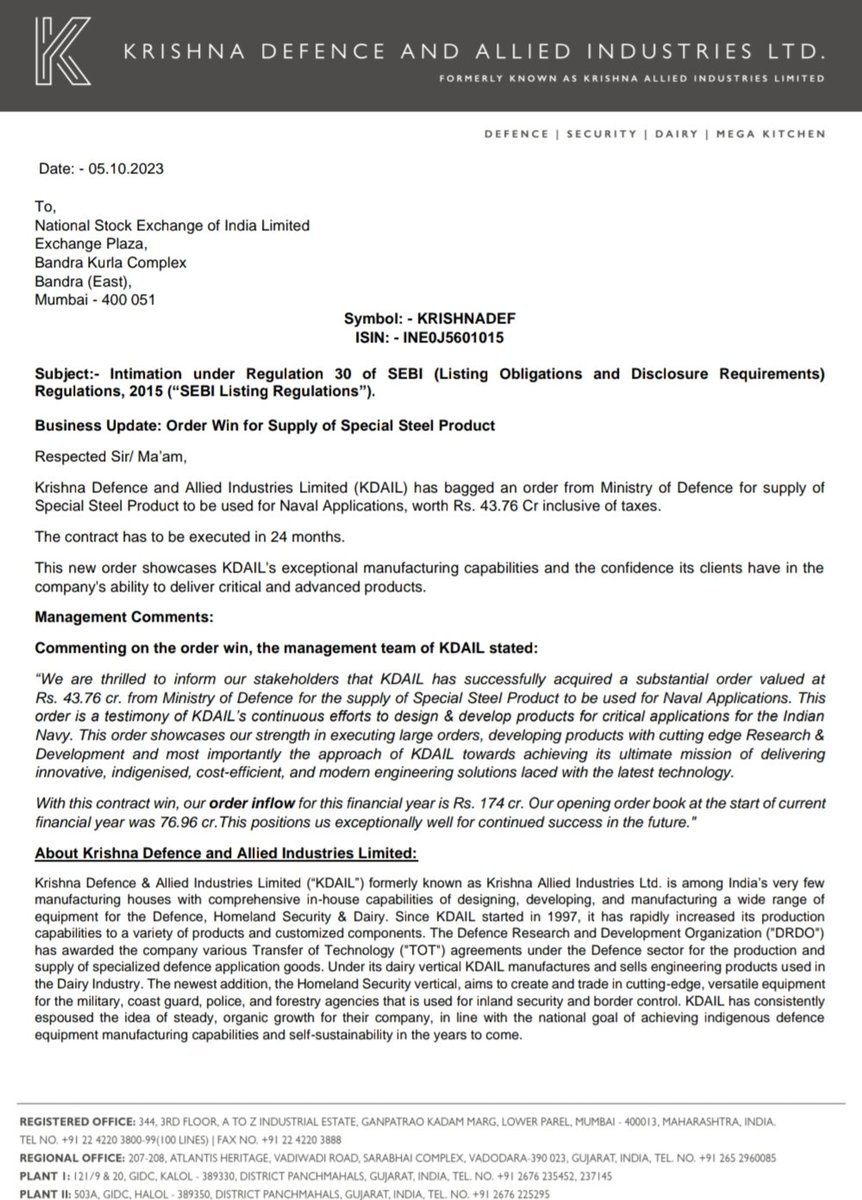 Krishna Defence and Allied Industries Ltd (KDAIL) has bagged an order from Ministry of Defence for supply of Special Steel Product to be used for Naval Applications, worth ₹ 43.76 Cr