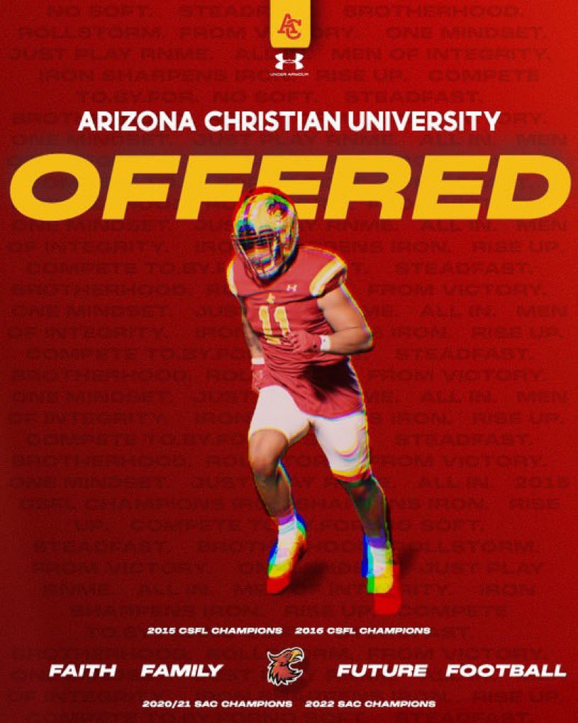 Thank you to Coach Trujilllo and Arizona Christian University for the offer to play football at such a great school! @coachthomasfb @LibertyFBLions @HaydenTrujillo_ @firestormfb