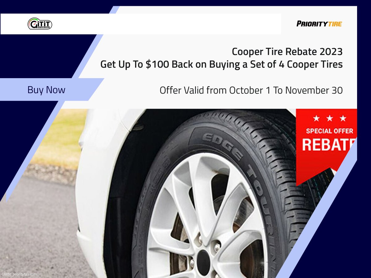 Roll into savings! 🚗💰 Get up to $100 back when you buy a set of 4 Cooper Tires. Don't miss out on this limited-time offer! Valid from October 1 to November 30, 2023. Grab your deal now! Shop Now only at kqzyfj.com/click-10039184…! #CooperTireRebate #SavingsOnWheels
