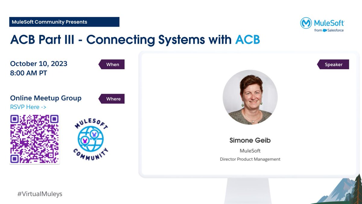 The THIRD part of the #MuleSoftACB series is now available to #RSVP 🎉. 
Please join us at our upcoming Online Meetup session where Simone Geib will talk about connecting systems with Anypoint Code Builder.
#RSVP meetups.mulesoft.com/events/details…

<a href="/MuleDev/">MuleSoft Community</a> <a href="/ManikMagar/">Manik Magar</a> <a href="/MuleSoft/">MuleSoft</a>