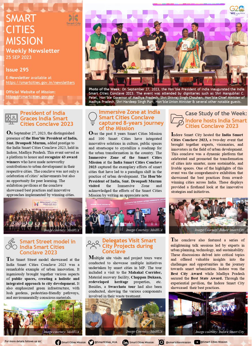 SmartCities_HUA's tweet photo. Smart Cities Mission Newsletter - 𝐈𝐬𝐬𝐮𝐞 𝟐𝟗𝟓 (Special Edition: India Smart Cities Conclave)
The Conclave provided a platform for the cities to showcase their exemplary work and create a roadmap for the future of urban transformation in the country.
#SmartCitiesConclave https://t.co/regLUjgBu3