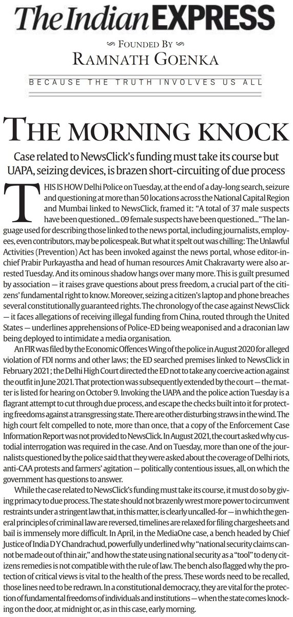 'Invoking UAPA & police action is an attempt to cut through due process & escape checks built for protecting freedoms against a transgressing state...This is guilt presumed by association. It raises grave concerns about press freedom.' Strong editorial in today's Indian Express.