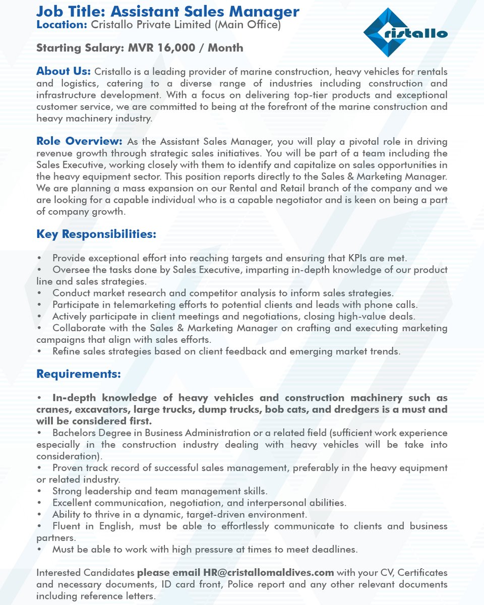 Join Our Team as an Assistant Sales Manager! Do you have a passion for heavy machinery and making big figures? Apply to HR@cristallomaldives.com.
#SalesManager #JobOpening #CristalloCareers #Jobs #Construction #HeavyMachinery #Careers