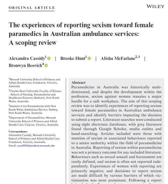Scoping review from Master student Alexandra Cassidy has attracted media this week. The review found that barriers preventing the reporting of sexism are abundant within Australian paramedicine, and when reports are made, the outcomes are underwhelming. buff.ly/45nlsng