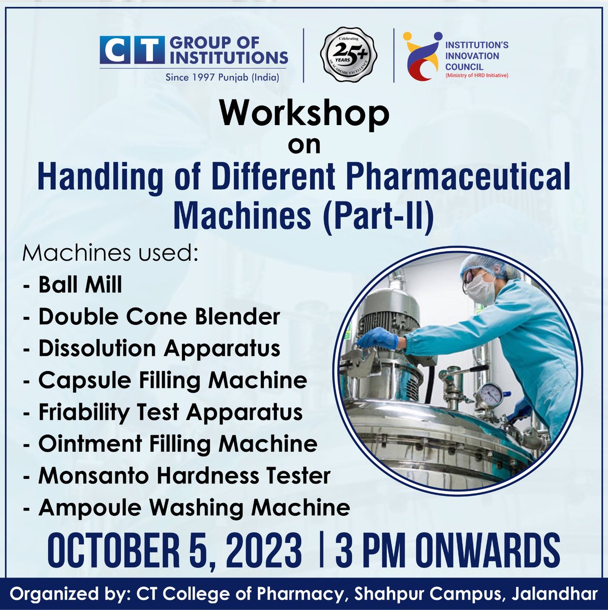 CTGroupshahpur's tweet photo. Mastering Pharmaceutical Machinery!
Join us today for a hands-on workshop on Handling Different Pharmaceutical Machines (Part II).
Organized by CT College of Pharmacy,Shahpur Campus.💊
#CTGroup #bestcollege #pharamaceutical #machinery #workshop #machineryhandling #shahpur #campus https://t.co/2cM4S1jaHZ