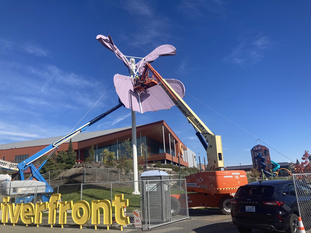 jeffchumphrey's tweet photo. One of Spokane’s beloved butterflies,from Expo ‘74, is emerging from its cocoon and ready to take wing over Riverfront Park again. The renovation and repair project will be completed just in time for Expo’s 50th Anniversary. https://t.co/0CVgdaYW4m
