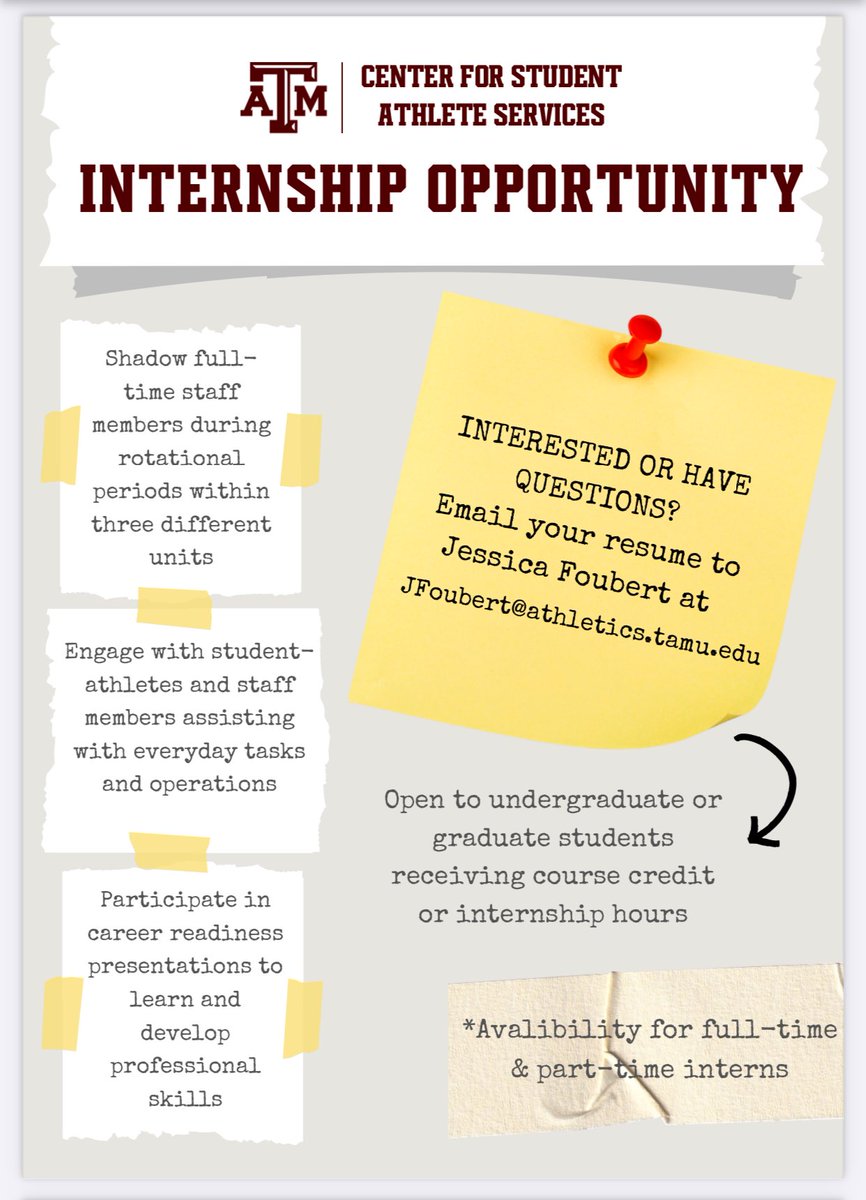 SPMTInternInfo's tweet image. CSAS Internship Program - Spring &amp;amp; Summer 2024. Interested? Email - jfoubert@athletics.tamu.edu. To set up an interview.