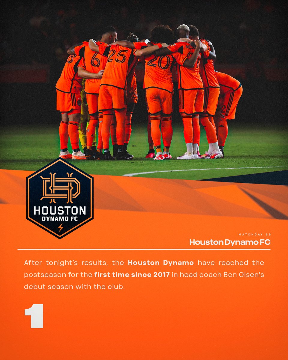 MLS Communications (@mls_pr) on Twitter photo After tonight’s results, the <a href="/HoustonDynamo/">Houston Dynamo FC</a> have reached the postseason for the first time since 2017 in head coach Ben Olsen's debut season with the club. After tonight’s results, the <a href="/HoustonDynamo/">Houston Dynamo FC</a> have reached the postseason for the first time since 2017 in head coach Ben Olsen's debut season with the club.