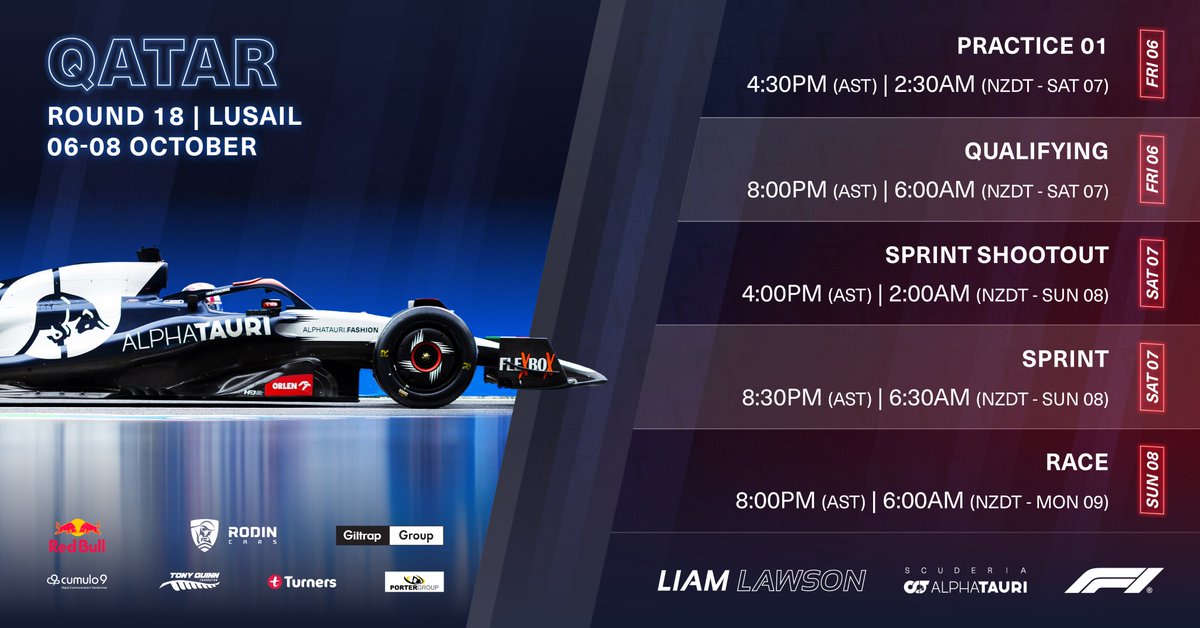 Tune in for the Qatar Grand Prix and Round 18 of the 2023 F1 Championship this weekend. Check out the session times below and let us know where you'll be watching from 🙌 @redbull | @RodinCars | @GiltrapGroup | @Cumulo9 | Tony Quinn Foundation | Turners Cars | Porter Group CE
