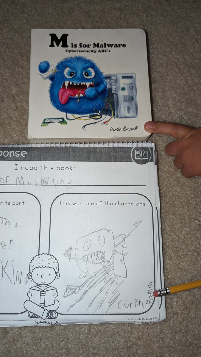 My kid had to draw a favorite character from a book today and the choice was "M Is For Malware" by <a href="/CurtBraz/">𝐂𝐮𝐫𝐭𝐢𝐬 𝐁𝐫𝐚𝐳𝐳𝐞𝐥𝐥</a>! 😁