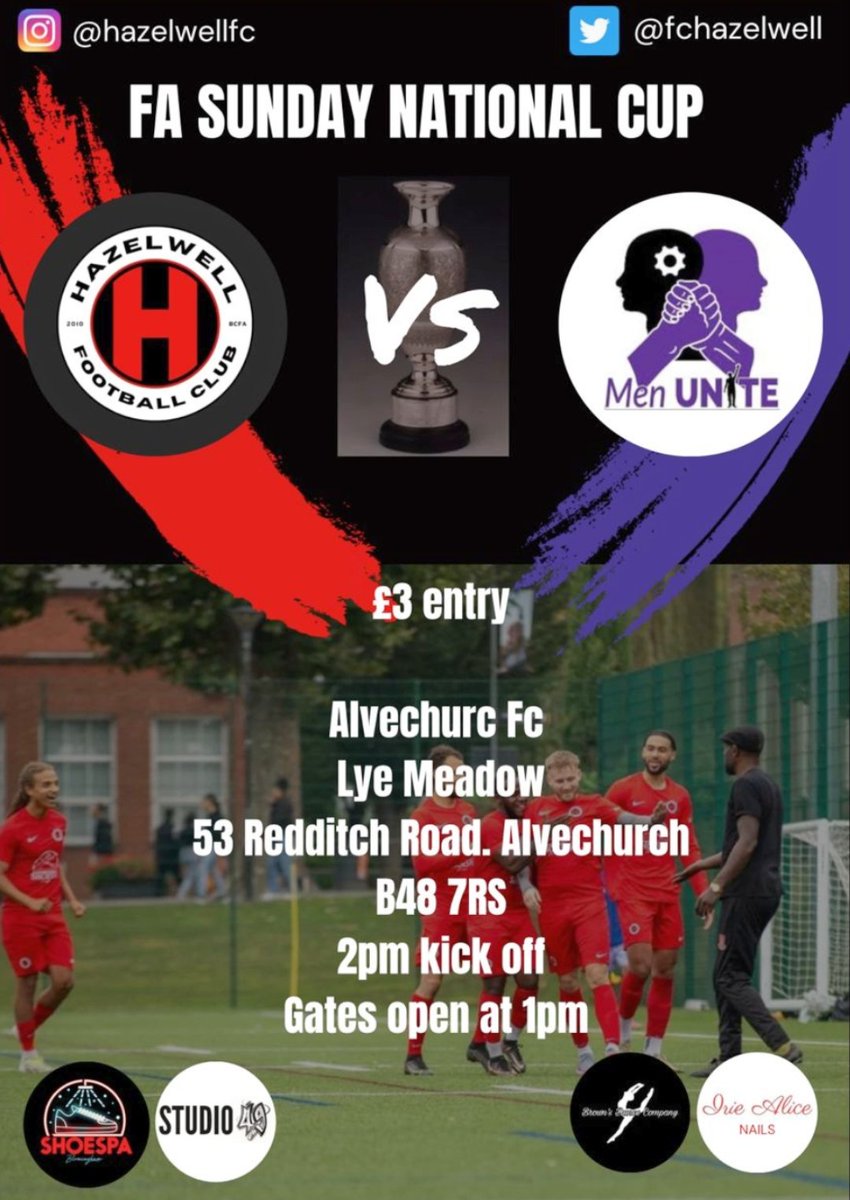 Hazelwell Fc (@fchazelwell) on Twitter photo First round of the Nationals this Sunday 2pm ko <a href="/Alvechurch1st/">Alvechurch FC</a> vs <a href="/MenUniteFC1/">Men Unite FC</a>
All support is welcome First round of the Nationals this Sunday 2pm ko <a href="/Alvechurch1st/">Alvechurch FC</a> vs <a href="/MenUniteFC1/">Men Unite FC</a>
All support is welcome