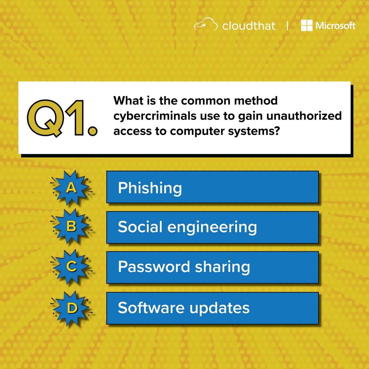 cloudthat's tweet photo. Question 1 is live! It's time to put on your thinking caps and ace Challenge #1. Comment below with the right answer and seize the chance to win Amazon vouchers worth up to Rs 2000.

How to participate?
1. Answer all the questions correctly.
2. Tag 3 friends in the comments.
3. Follow all our social media pages.
@Microsoft

#Contest #ContestAlert #ContestAlertIndia #Giveaway #sweepstakes #GivewayAlert #Win #Competition #Prizes #EnterToWin #Challenge #Cybersecurity #CloudSecurity #CybersecurityAwarenessMonth #CyberAwarenessChallenge #WinWithSecurity #octoberawareness