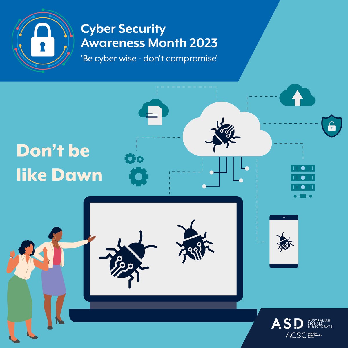 ASDGovAu's tweet image. Have you been putting off updating your devices regularly like Dawn? 

Check out our case study to ensure you’re staying secure by updating your devices cyber.gov.au/learn-basics/e…

#CyberMonth2023 #FVEYSCyber #CyberSecurityAwarenessMonth2023 
#becyberwise #staysecureonline