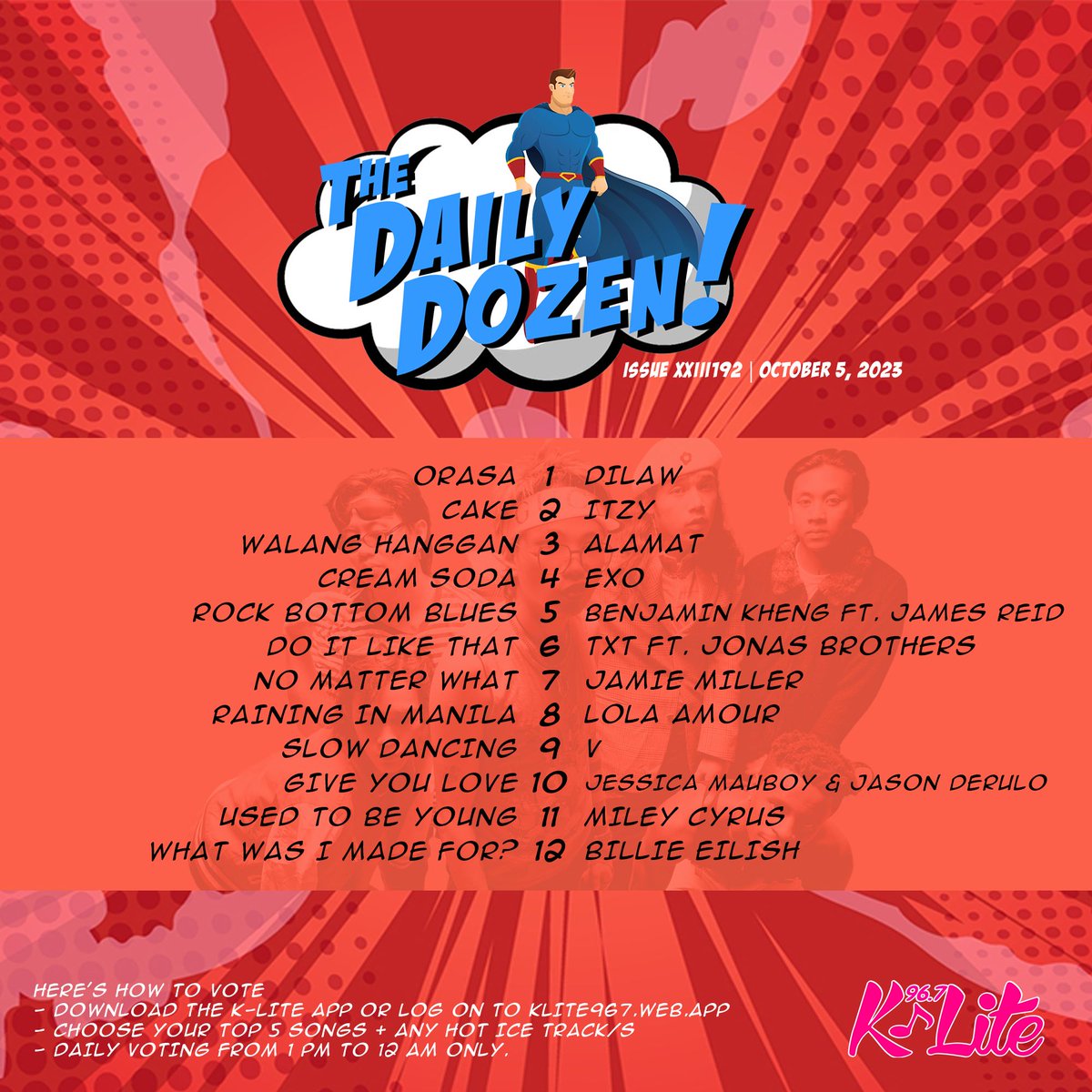 klite967fm's tweet photo. Dilaw returns to the #1 spot on #TheDailyDozen, dazzling us with "ORASA" on this hella awesome Thursday lunchtime showdown! 🌟🎶 https://t.co/b1dhZjt5rk