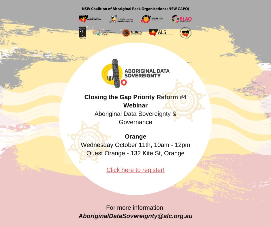 There's just under a week left! Join NSW CAPO for an empowering webinar in Orange or Dubbo next week! 🌟 👥 Register Now and Let Your Voice Be Heard - Visit forms.office.com/r/kEWAvESGm8 or email AboriginalDataSovereignty@alc.org.au 👥