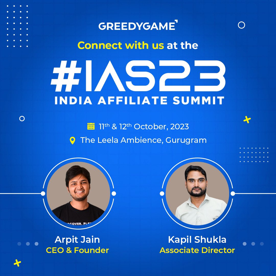 GreedyGameMedia's tweet photo. Hey guys,

Team GreedyGame will be attending the India Affiliate Summit 2023, and we can't wait to connect with you there. 

Don't miss out on the opportunity to meet us in person. 

Fill out the form below to connect 

🔗 - https://t.co/i4fsd0yKrL

See you there! https://t.co/u8PKI00x0V
