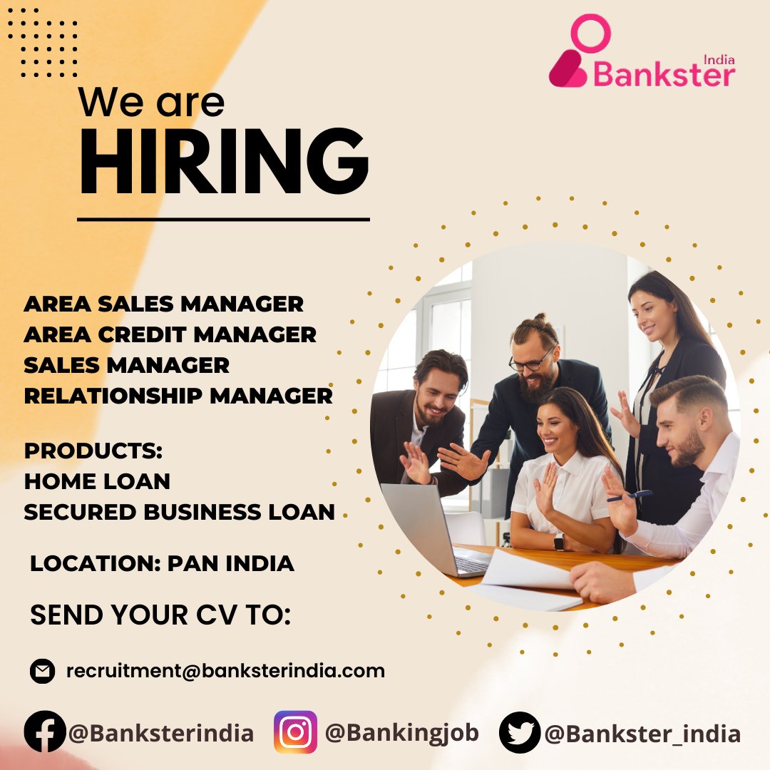 Bankster_India's tweet photo. Active Positions #panindia
Share Your CV at recruitment@banksterindia.com
Visit our website: https://t.co/QWaJmOZAqW
Register Yourself and Get your Dream Job NOW

#job #hiring #hiringalert #recruitment #opportunity #jobportal https://t.co/5ef5HO1lli