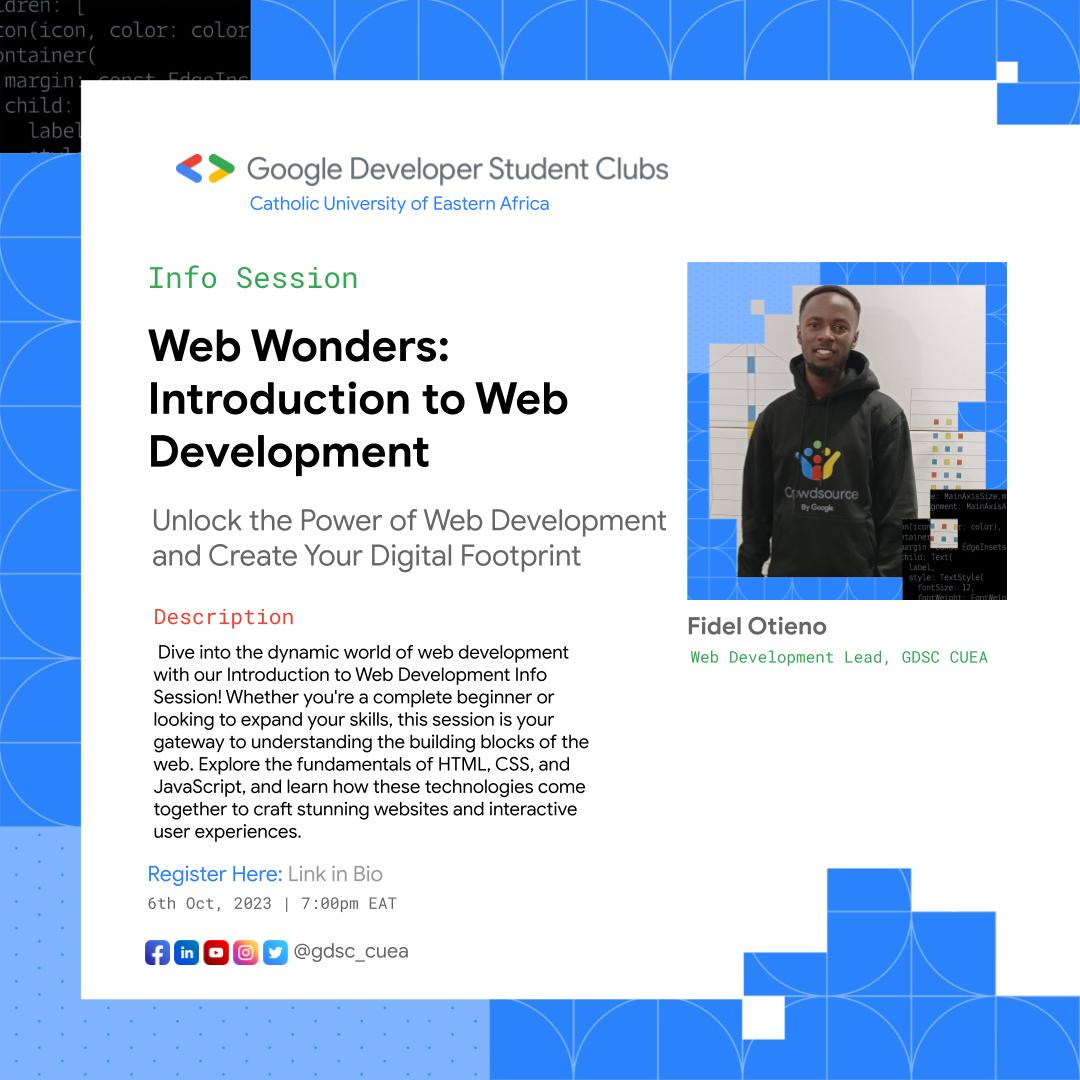 GDSC_CUEA's tweet photo. 🌐🚀 Web Development Intro! 🚀🌐

📅 Oct 6, 7 PM (EAT) 📍 Virtual

Unlock web dev's power! Join us! 👩‍💻💼

🌟 Explore:

Web development basics.
For all levels.
HTML, CSS, JavaScript.
Create amazing sites.

👉 RSVP: https://t.co/4stijPiW42

#webdevelopment https://t.co/nft0Hg988A