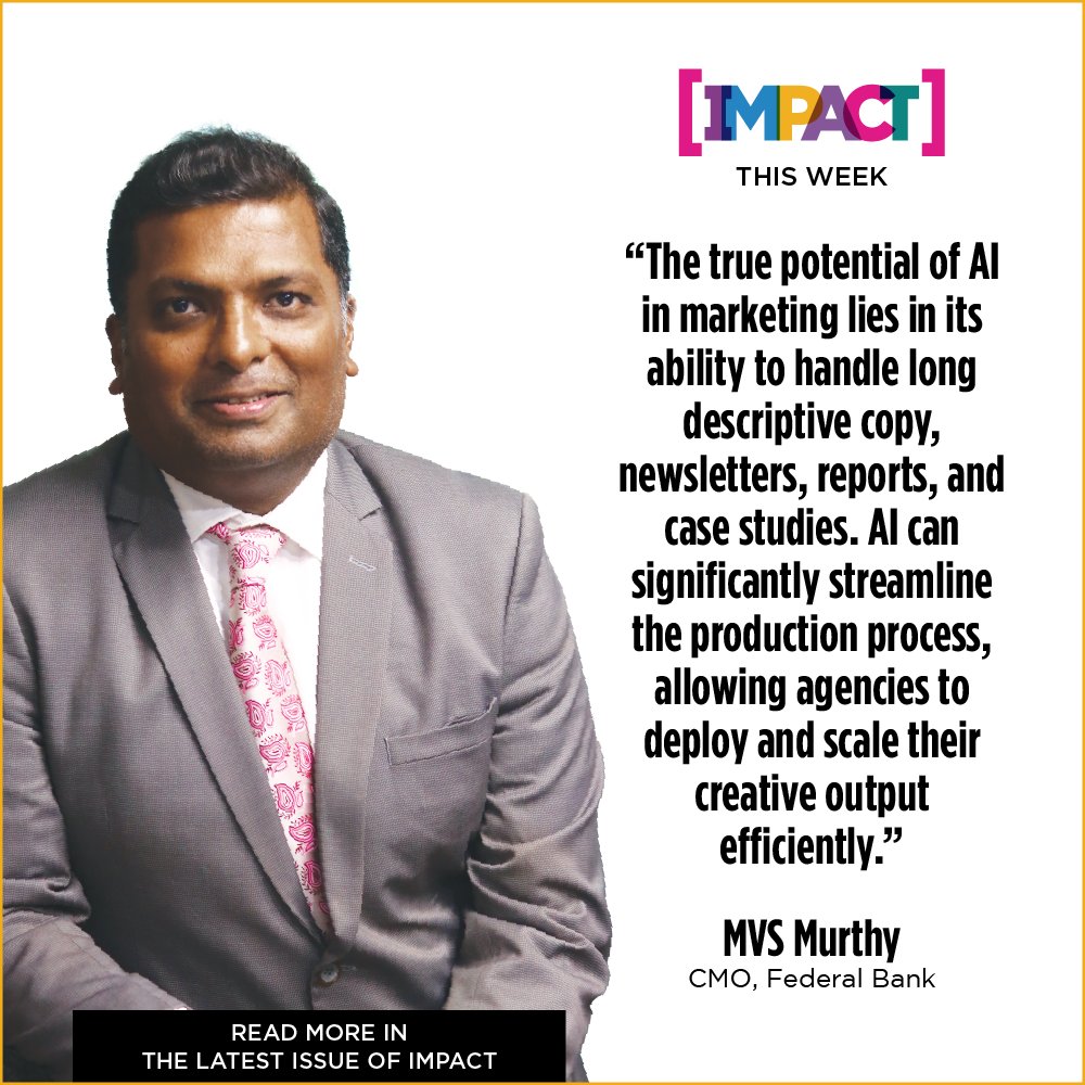 IMPACT_onnet's tweet photo. MVS Murthy writes for IMPACT's latest edition, elaborating on the potential of AI in marketing, and how to make the right use of it.
@FederalBankLtd
#mvsmurthy #AI #AIinMarketing #marketing #banking #useofAI #marketingtips #e4m https://t.co/NbWQYQ5jAz
