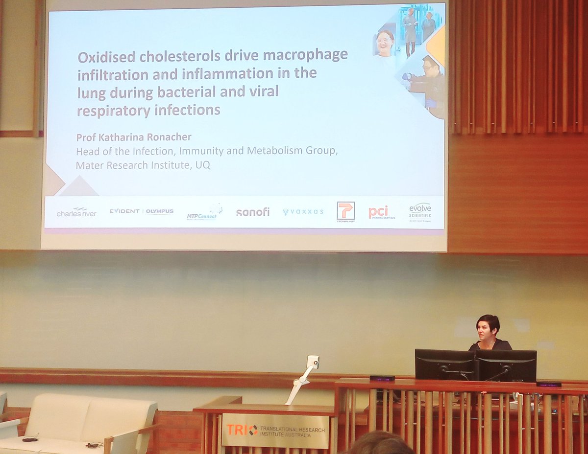 Prof <a href="/RonacherK/">Katharina Ronacher</a> talking about oxidised cholesterols and their involvement in recruiting macrophages to the lung at the <a href="/OneTRI/">One Tri</a> Conference. All inspiring talks all day. <a href="/TRI_info/">Translational Research Institute</a> <a href="/MaterResearch/">Mater Research</a> <a href="/UQ_News/">UQ News</a>