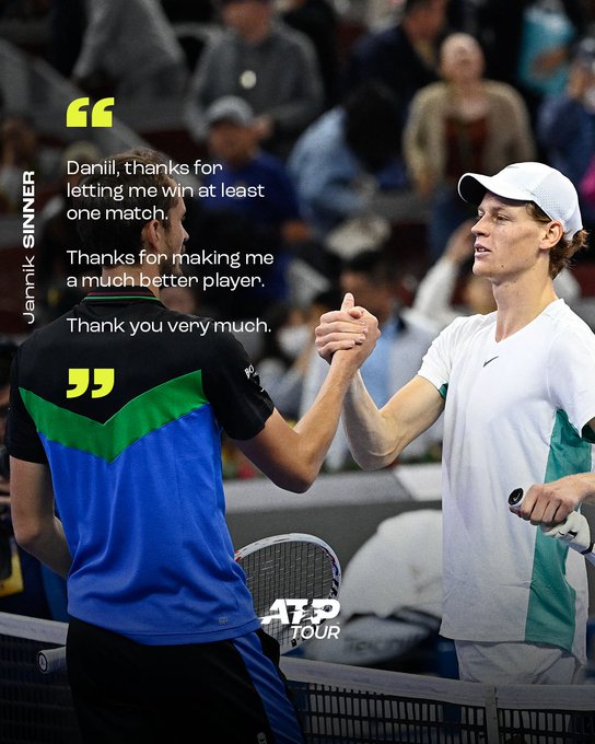 Italy's Jannik Sinner (R) is congratulated by Russia's Daniil Medvedev following his victory in their men's singles final match during China Open tennis tournament in Beijing on October 4, 2023. On top of the photo is a quote that reads, "Daniil, thanks for letting me win at least one match.  Thanks for making me a much better player. Thank you very much."