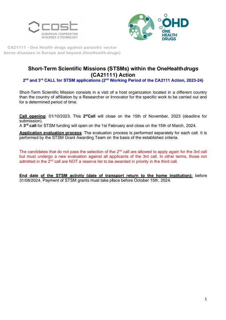OneHealthdrugs COST Action - CA21111 (@1healthdrugs_ca) on Twitter photo We are delighted to announce the launch of the 2nd STSM Call of <a href="/1Healthdrugs_ca/">OneHealthdrugs COST Action - CA21111</a>
Call opening: 01/10/2023.
Call closure: 15/11/2023.
For inquiries, please refer to the Grant Award Coordinator, Dr. Elisabeth Davioud-Charvet (elisabeth.davioud@unistra.fr) We are delighted to announce the launch of the 2nd STSM Call of <a href="/1Healthdrugs_ca/">OneHealthdrugs COST Action - CA21111</a>
Call opening: 01/10/2023.
Call closure: 15/11/2023.
For inquiries, please refer to the Grant Award Coordinator, Dr. Elisabeth Davioud-Charvet (elisabeth.davioud@unistra.fr)