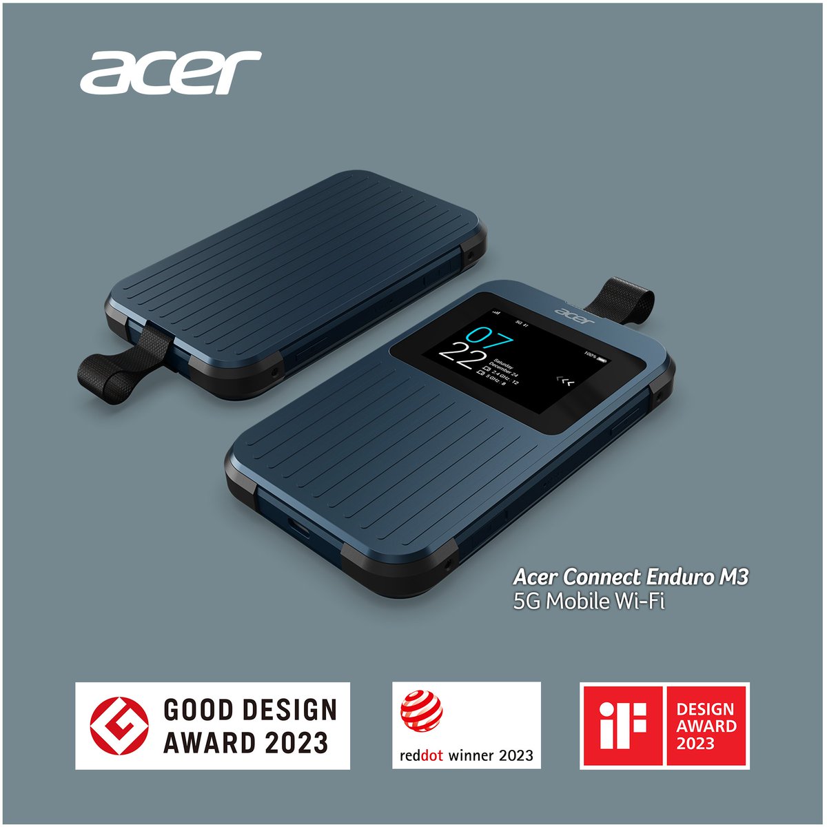 Acer's tweet image. 🏆✨ The Acer Connect Enduro M3 Mobile Wi-Fi is a triple threat, winning not 1, not 2, but THREE prestigious awards! We're thrilled to announce that it has clinched the coveted #RedDotDesign, #iFDesign, and #GoodDesign Awards 2023, reaffirming its status as a true design marvel!