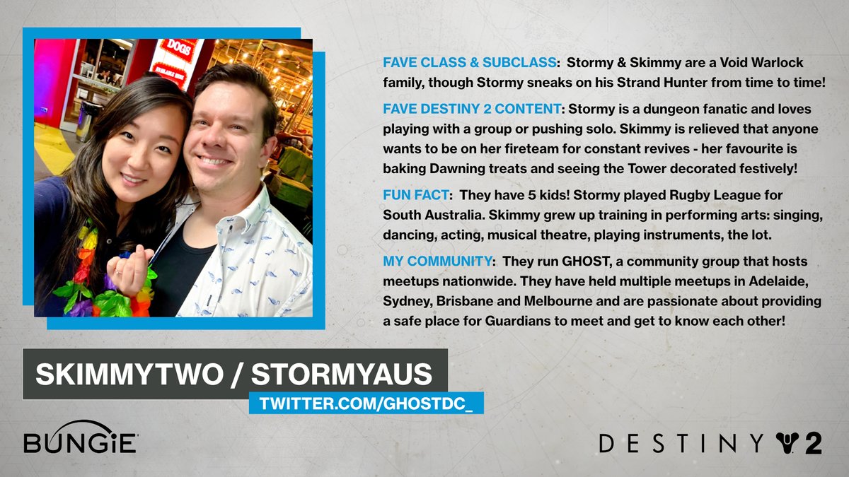 DestinyGameANZ's tweet image. Hosts of @GhostDC_, @skimmytwo &amp;amp; @StormyAUS_ love bringing #DestinyFANZ together to connect IRL and extend their relationships beyond Destiny 2! 🇦🇺
 
Learn more about them below and visit @GhostDC_ to learn more about their next event in Melbourne this Saturday!