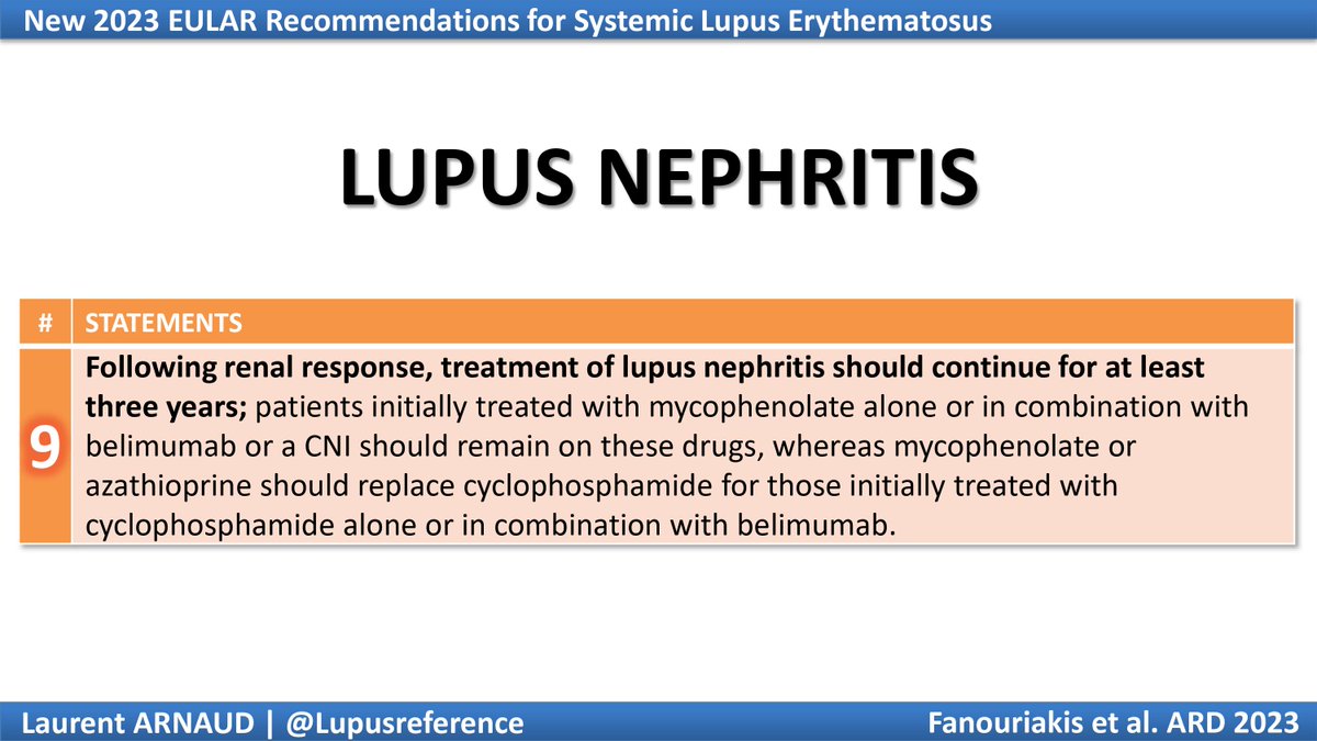 ✅ Today let's check another statement about #lupus #nephritis from the latest #EULAR guidelines 👍 which is about MAINTENANCE treatment of #LN: 🔹 At least 3 years (cf. WIN-lupus) 🔹MMF (+/- BEL or Voclo) ➡️ SAME 🔹CYC (+/- BEL) ➡️ MMF or AZA (+/- BEL)