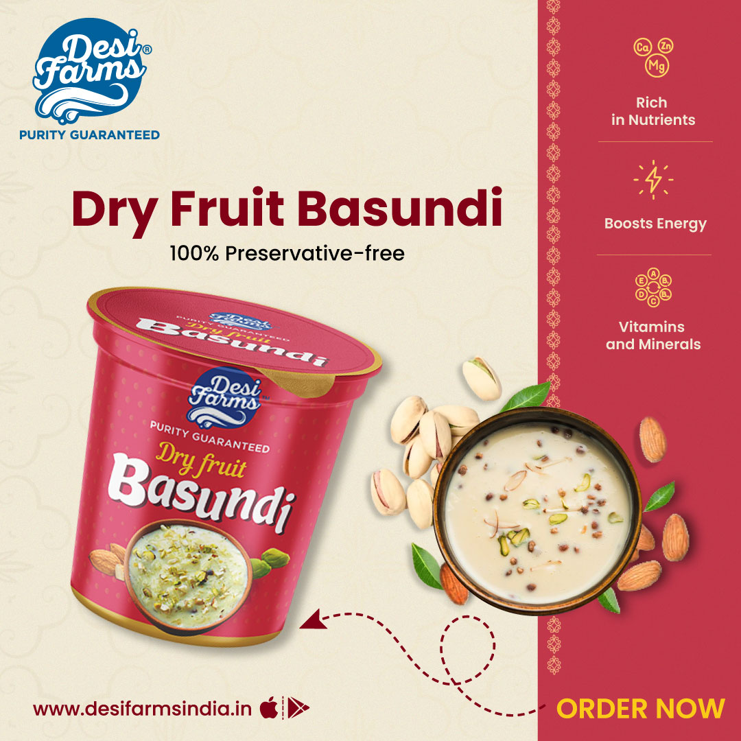 Tempting and rich in Dry fruits, our Basundi is a sweet craving that no one can resist!

#basundi #dryfruitbasundi #delicious #preservativefree #puremilk #freehomedelivery #pasteurized #purityguaranteed #pune #navimumbai #desifarms #desifarmsindia