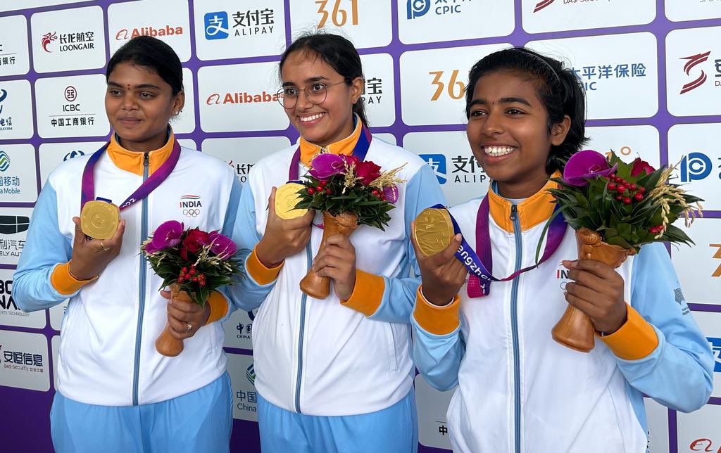 narendramodi's tweet photo. India's Women Archers win the Gold Medal in the Compound Team event! Congratulations to @VJSurekha, @Parrneettt, and Aditi Gopichand! Their flawless performance, focus, and dedication have made our nation incredibly proud. This victory is a testament to their exceptional skill and teamwork.