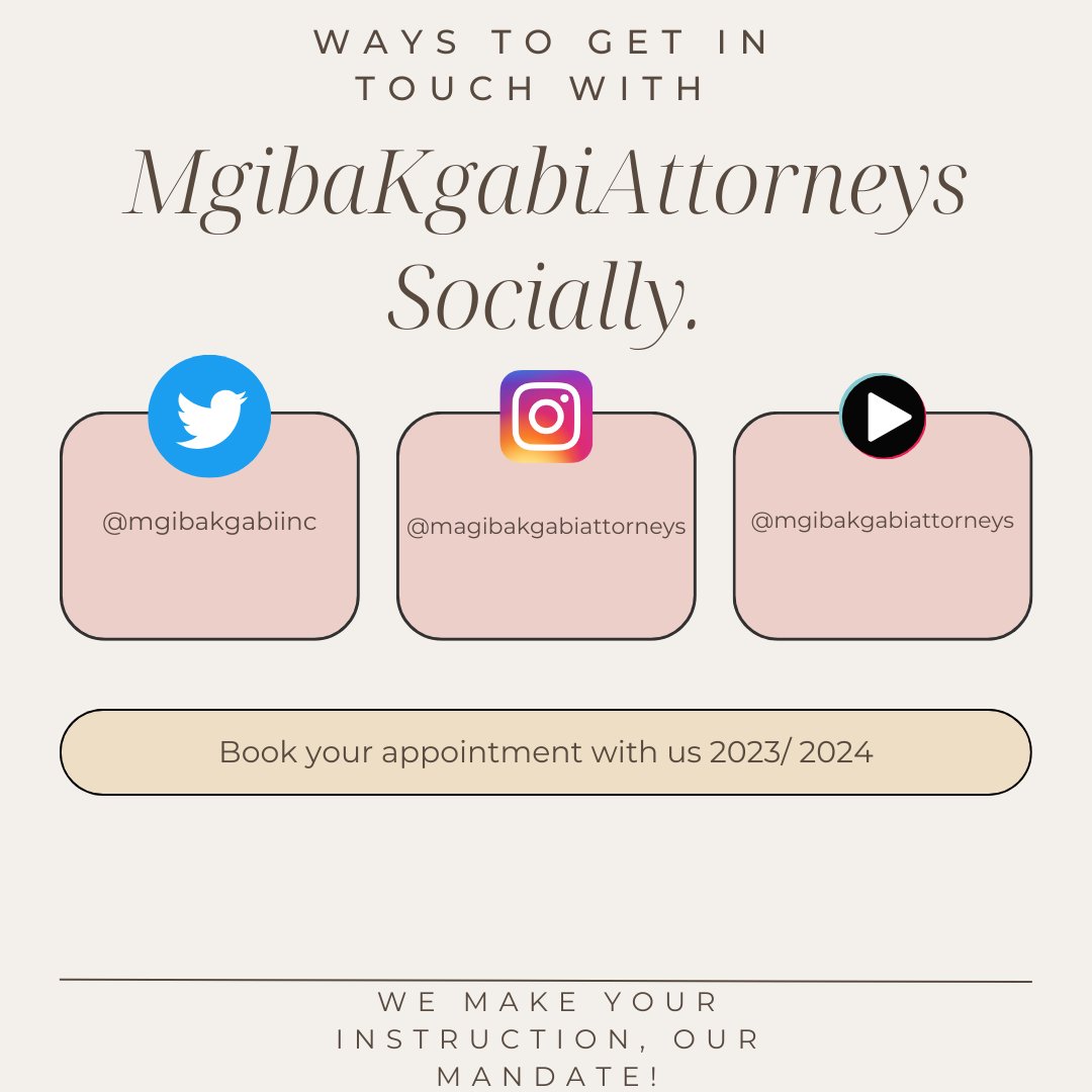 MgibaKgabiInc's tweet photo. Ways to get in touch with us.๐
#MgabiKgabiAttorneys #GetInTouchWithUs #GetConnectedWithUs https://t.co/4aBnYmWGPH