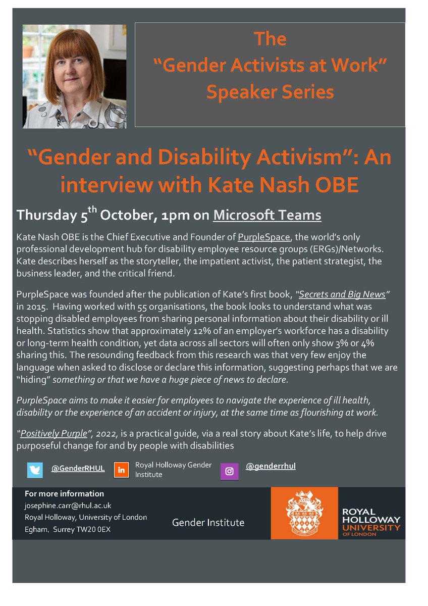 Don't forget to listen to Kate Nash OBE today at 1pm via Teams. Kate is the first of five speakers in our 'Gender Activists at Work' series in October and November.